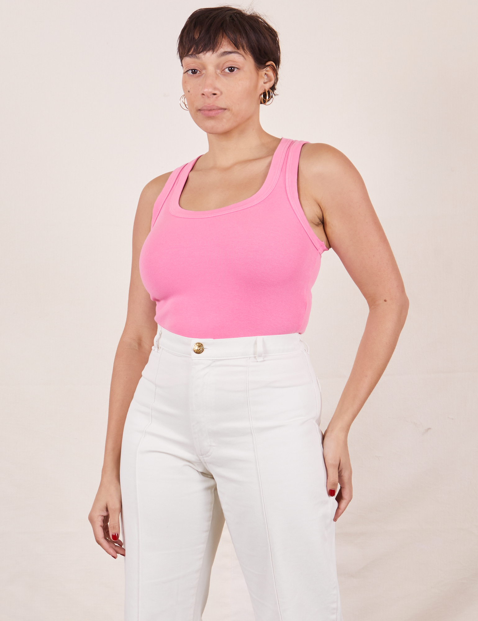 Tiara is wearing size S Tank Top in Bubblegum Pink paired with vintage tee off-white Western Pants