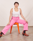 Work Pants in Bubblegum Pink on Tiara wearing Tank Top in vintage tee off-white