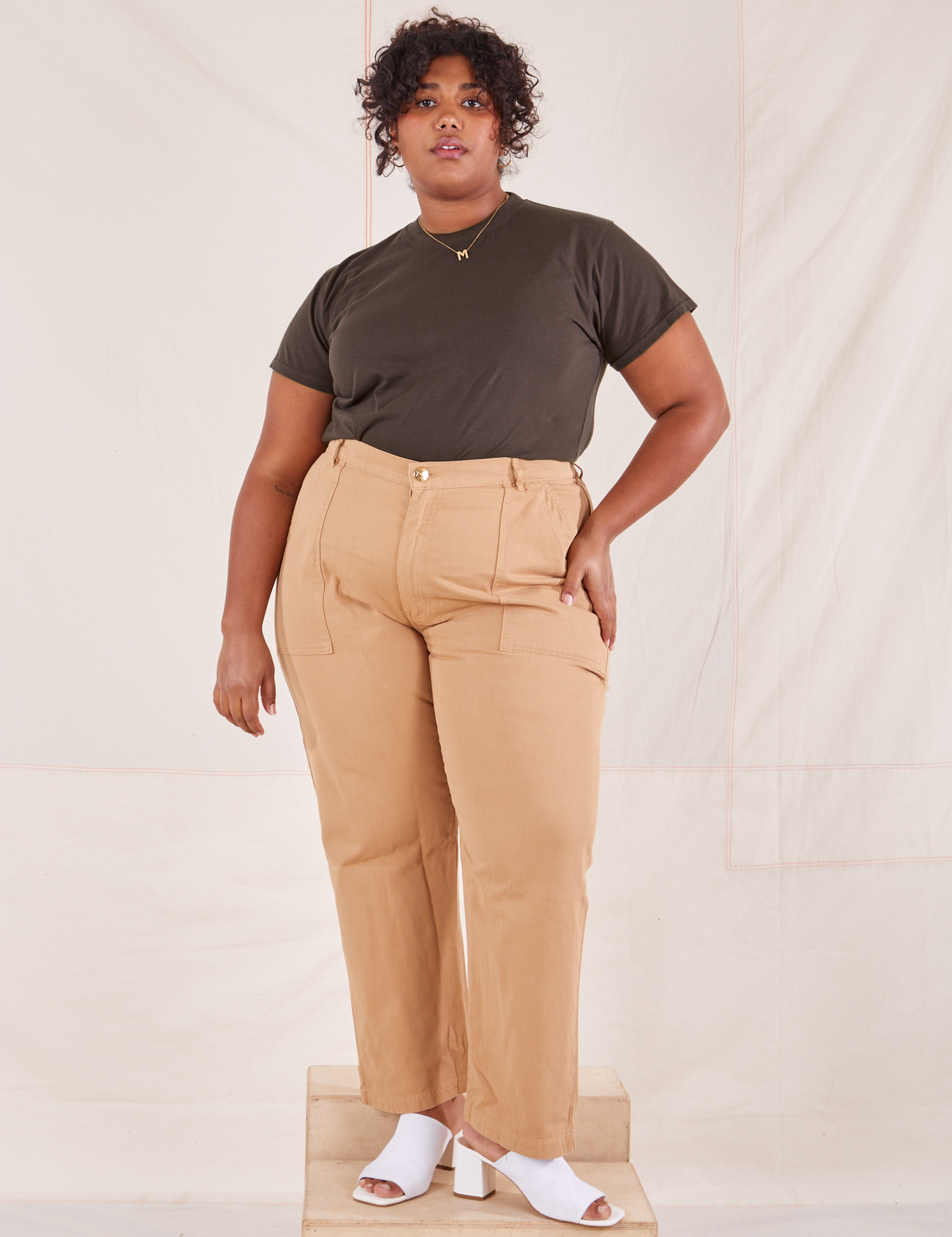 Morgan is wearing Organic Vintage Tee in Espresso Brown tucked into tan Work Pants