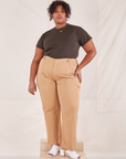 Morgan is wearing Organic Vintage Tee in Espresso Brown tucked into tan Work Pants