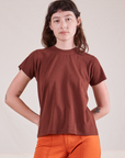 Alex is wearing P Organic Vintage Tee in Fudgesicle Brown