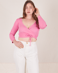 Allison wearing size 1 Wrap Top in Bubblegum Pink paired with vintage tee off-white Western Pants