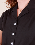 Front close up of Pantry Button-Up in Basic Black worn by Alex