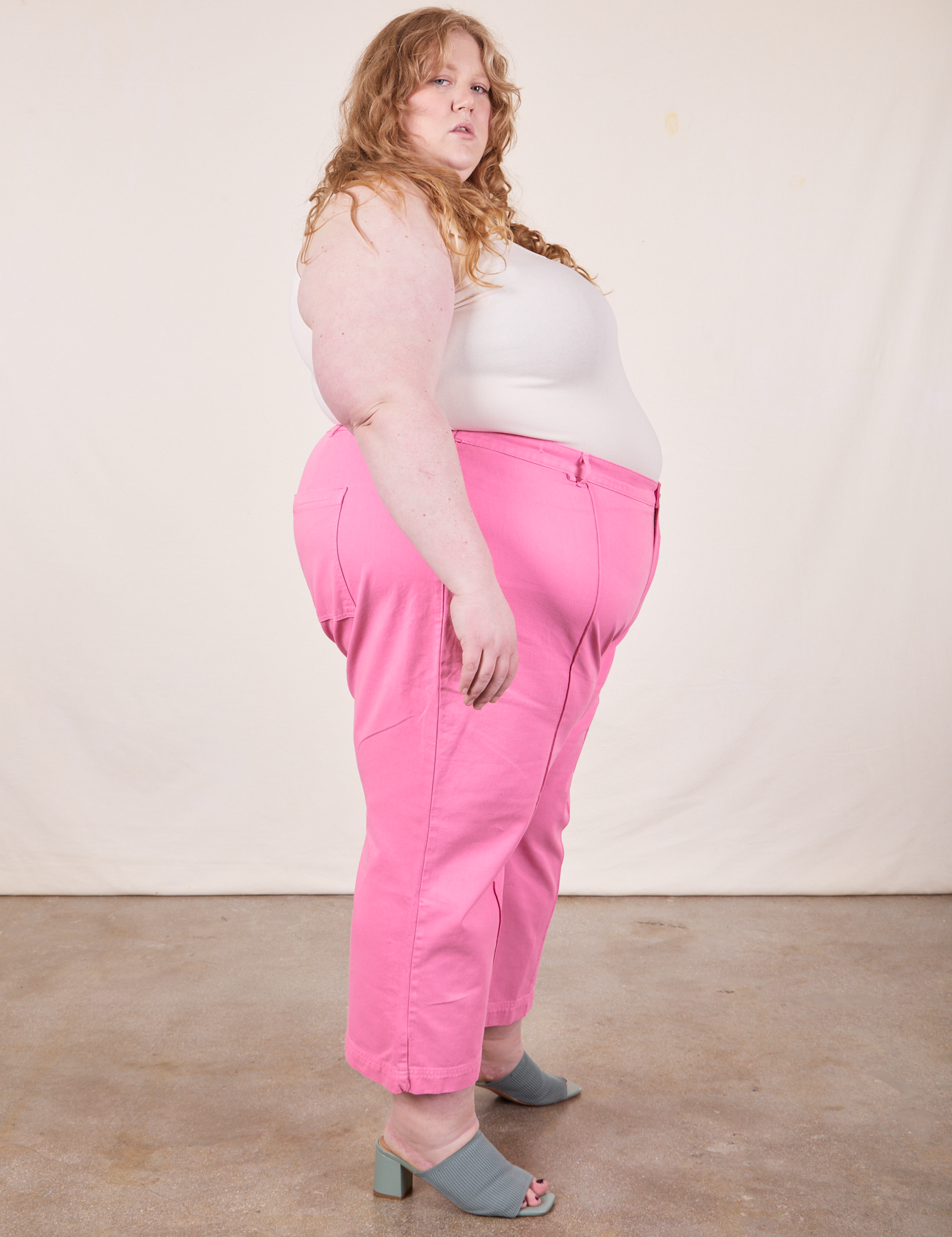 Western Pants in Bubblegum Pink side view on Catie wearing Tank Top in vintage tee off-white