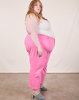 Western Pants in Bubblegum Pink side view on Catie wearing Tank Top in vintage tee off-white