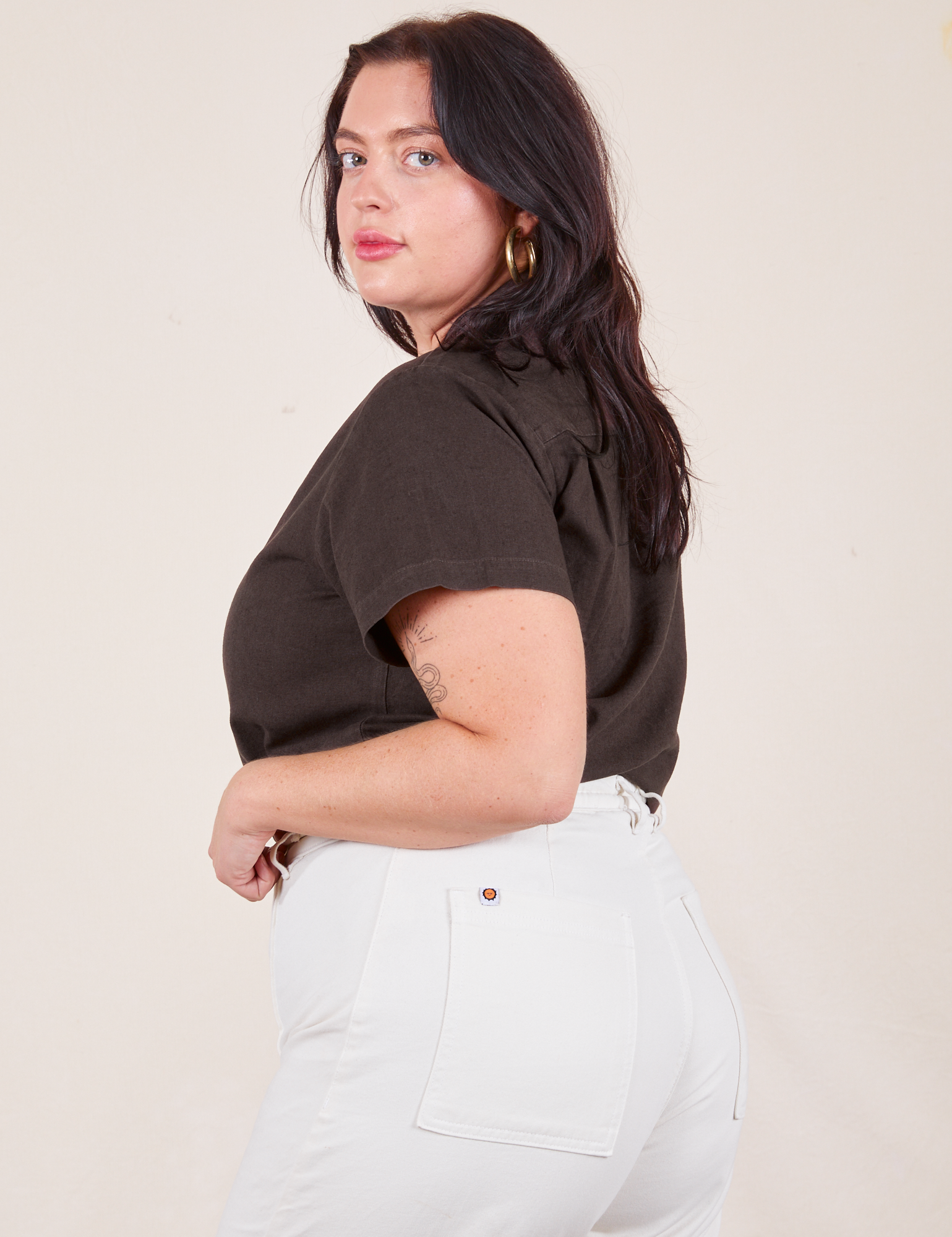 Side view of Pantry Button-Up in Espresso Brown worn by Faye