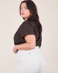 Side view of Pantry Button-Up in Espresso Brown worn by Faye