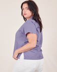 Side view of Pantry Button-Up in Faded Grape worn by Faye