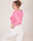Wrap Top in Bubblegum Pink back view on Allison wearing vintage tee off-white Western Pants
