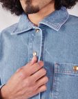 Indigo Denim Work Jacket in Light Wash front close up on Jesse