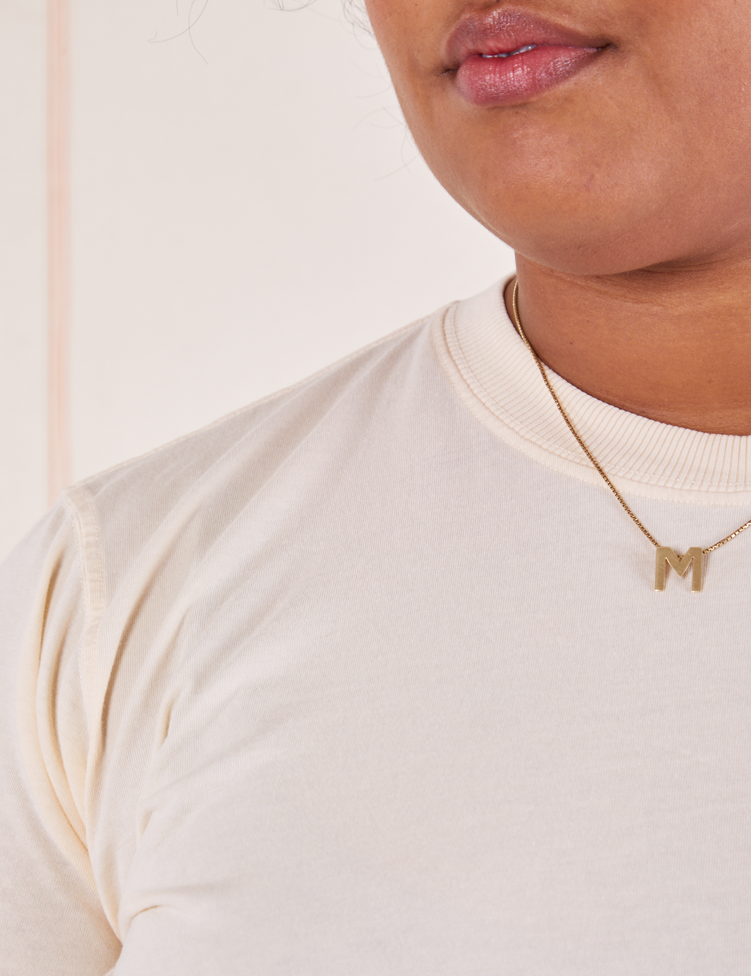 The Organic Vintage Tee in Vintage Off White close up on Morgan