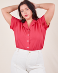 Faye is wearing M Pantry Button-Up in Hot Pink tucked into vintage tee off-white Western Pants