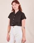 Alex is wearing P Pantry Button-Up in Espresso Brown tucked into vintage tee off-white Western Pants