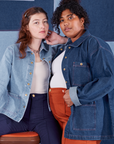 Indigo Denim Work Jacket in Dark Wash on Morgan and light wash on Alex