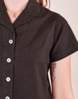 Pantry Button-Up in Espresso Brown front close up on Alex