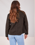 Back view of Denim Work Jacket in Espresso Brown worn by Allison