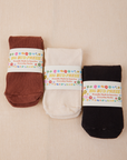 Everyday Sock in Fudgesicle Brown, Vintage Tee White and Basic Black with packaging