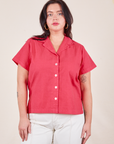 Faye is wearing Pantry Button-Up in Hot Pink