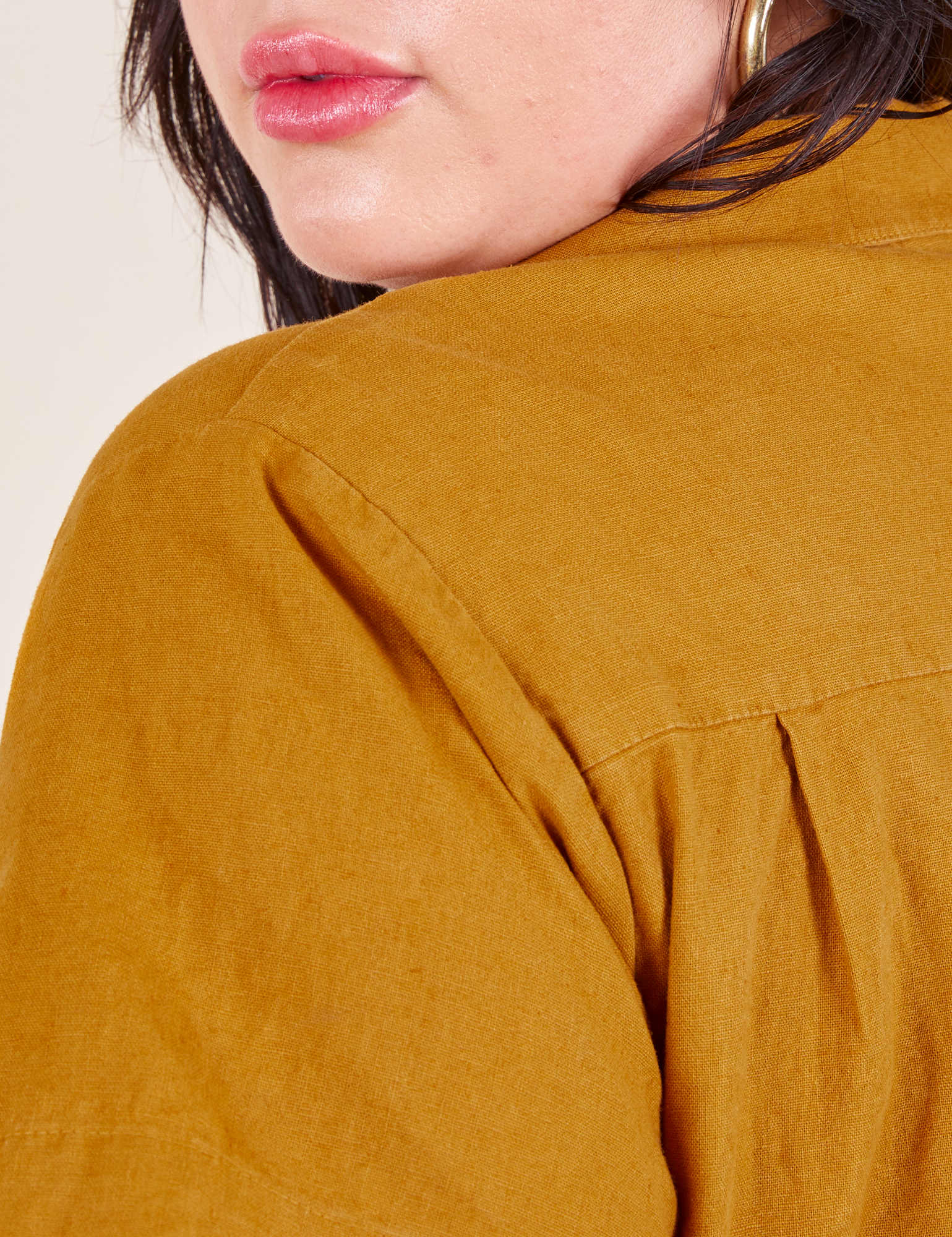 Pantry Button-Up in Spicy Mustard back view shoulder close up on Faye