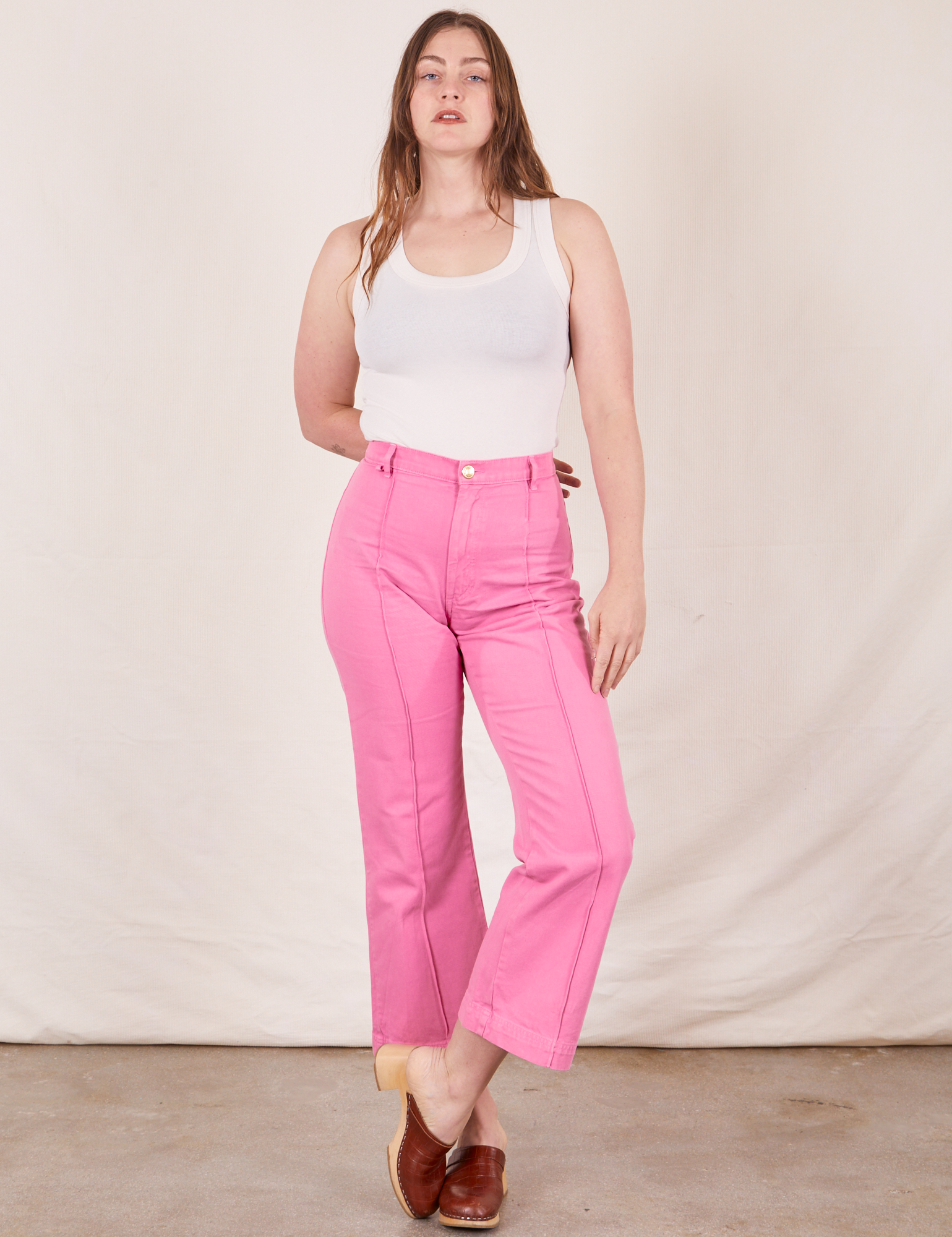 Western Pants in Bubblegum Pink on Allison wearing Tank Top in vintage tee off-white