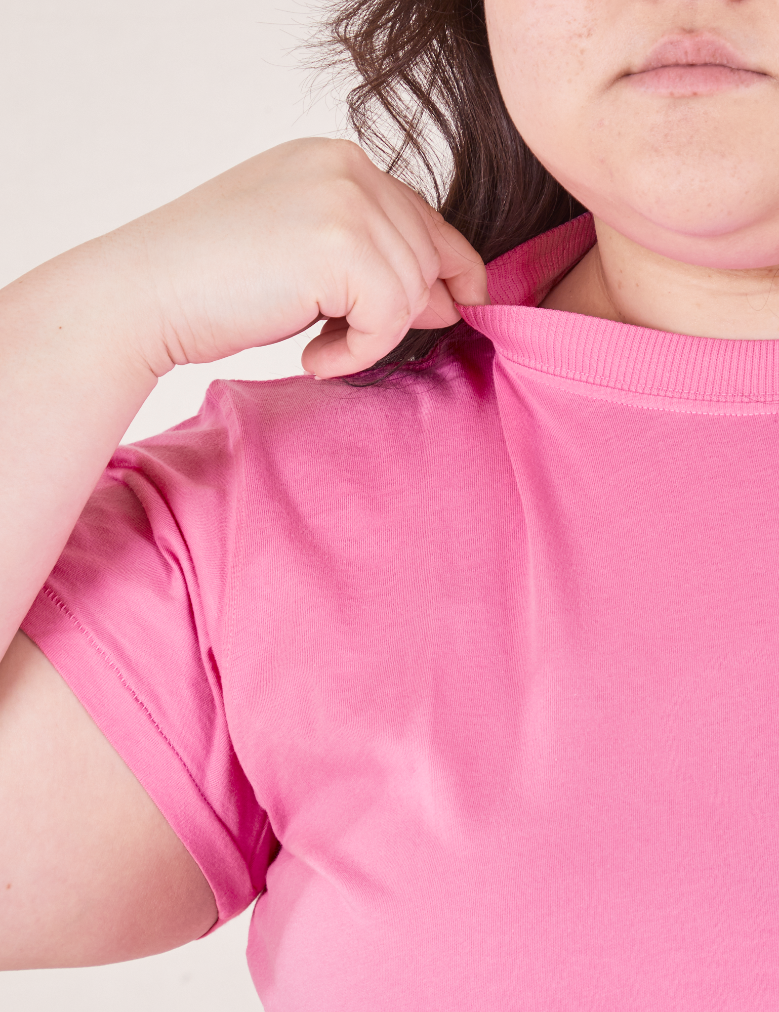 Organic Vintage Tee in Bubblegum Pink front close up on Ashley