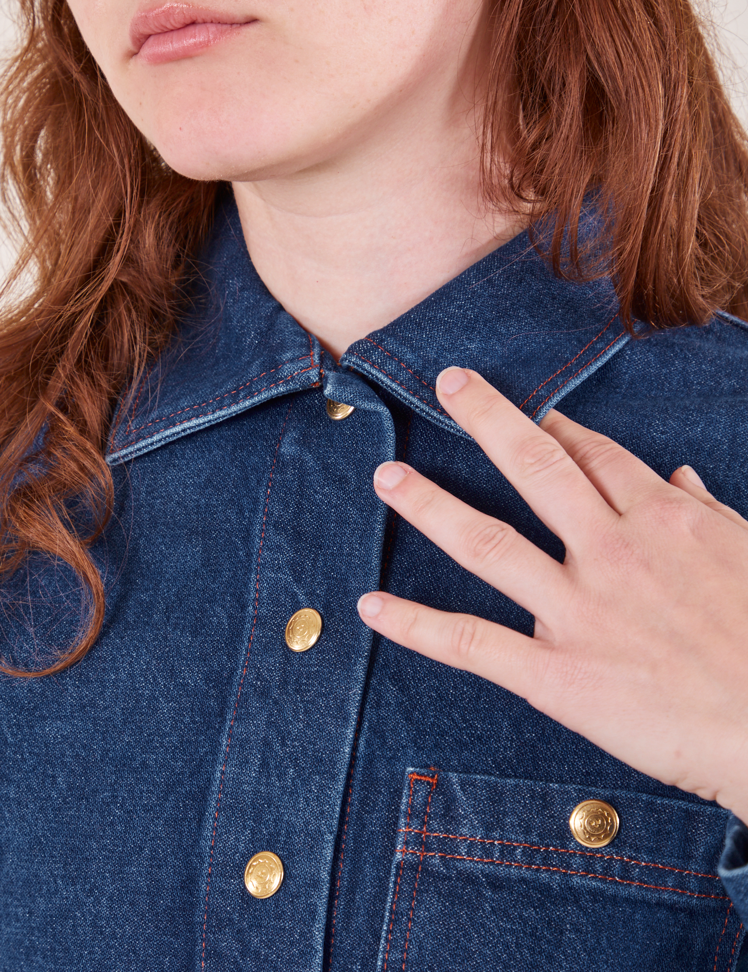 Front close up of Indigo Denim Work Jacket in Dark Wash on Alex