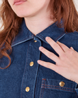 Front close up of Indigo Denim Work Jacket in Dark Wash on Alex