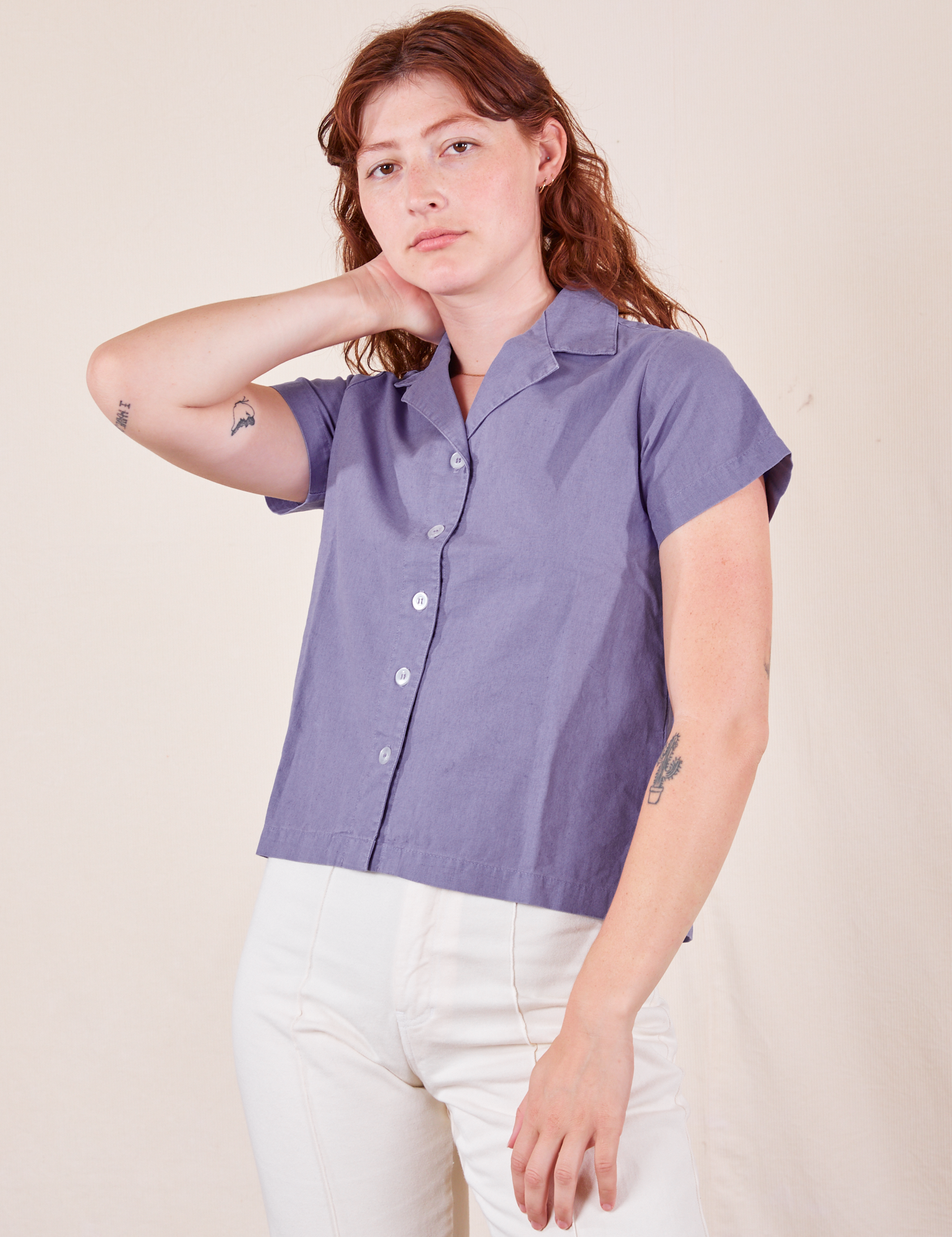 Pantry Button-Up in Faded Grape on Alex wearing vintage tee off-white Western Pants
