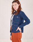 Side view of Indigo Denim Work Jacket in Dark Wash worn by Alex