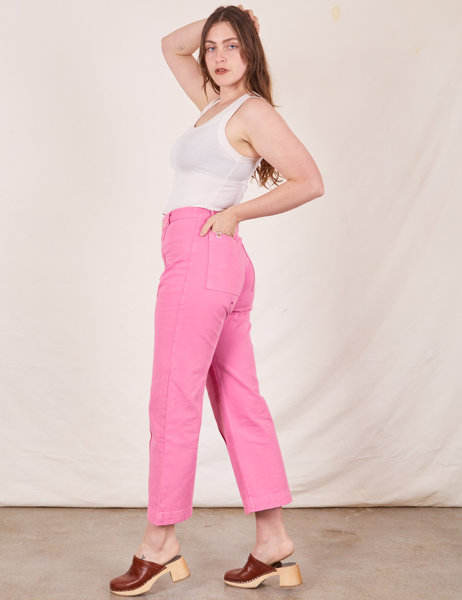 Western Pants in Bubblegum Pink side view on Allison wearing Tank Top in vintage tee off-white
