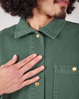 Denim Work Jacket in Dark Emerald Green front close up on Jesse