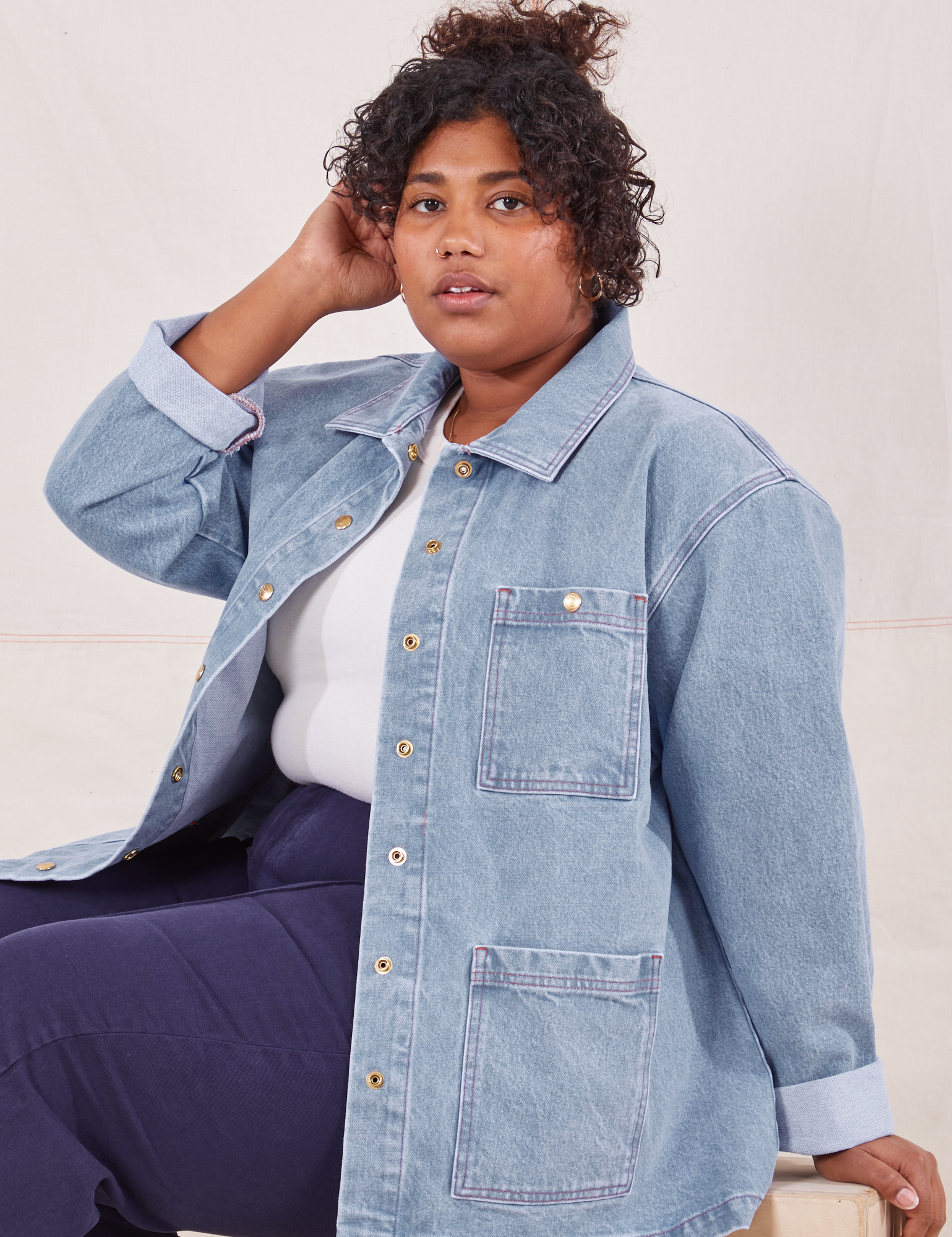 Indigo Denim Work Jacket in Light Wash  on Morgan wearing vintage off-white Baby Tee and navy blue Western Pants
