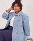 Indigo Denim Work Jacket in Light Wash on Morgan wearing vintage off-white Baby Tee and navy blue Western Pants