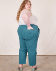 Work Pants in Marine Blue back view on Catie wearing vintage off-white Tank Top