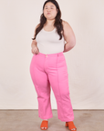Ashley is 5'7" and wearing size 1XL Western Pants in Bubblegum Pink paired with Tank Top in vintage tee off-white