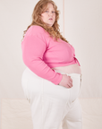 Wrap Top in Bubblegum Pink side view on Catie wearing vintage off-white tee Western Pants