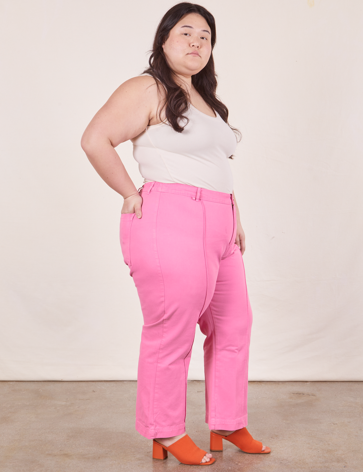 Western Pants in Bubblegum Pink side view on Ashley wearing Tank Top in vintage tee off-white