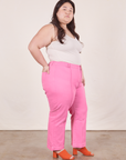 Western Pants in Bubblegum Pink side view on Ashley wearing Tank Top in vintage tee off-white
