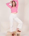 Allison is wearing XXS  Long Sleeve V-Neck Tee in Bubblegum paired with vintage tee off-white Western Pants