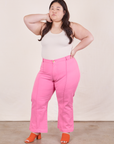 Western Pants in Bubblegum Pink on Ashley wearing Tank Top in vintage tee off-white