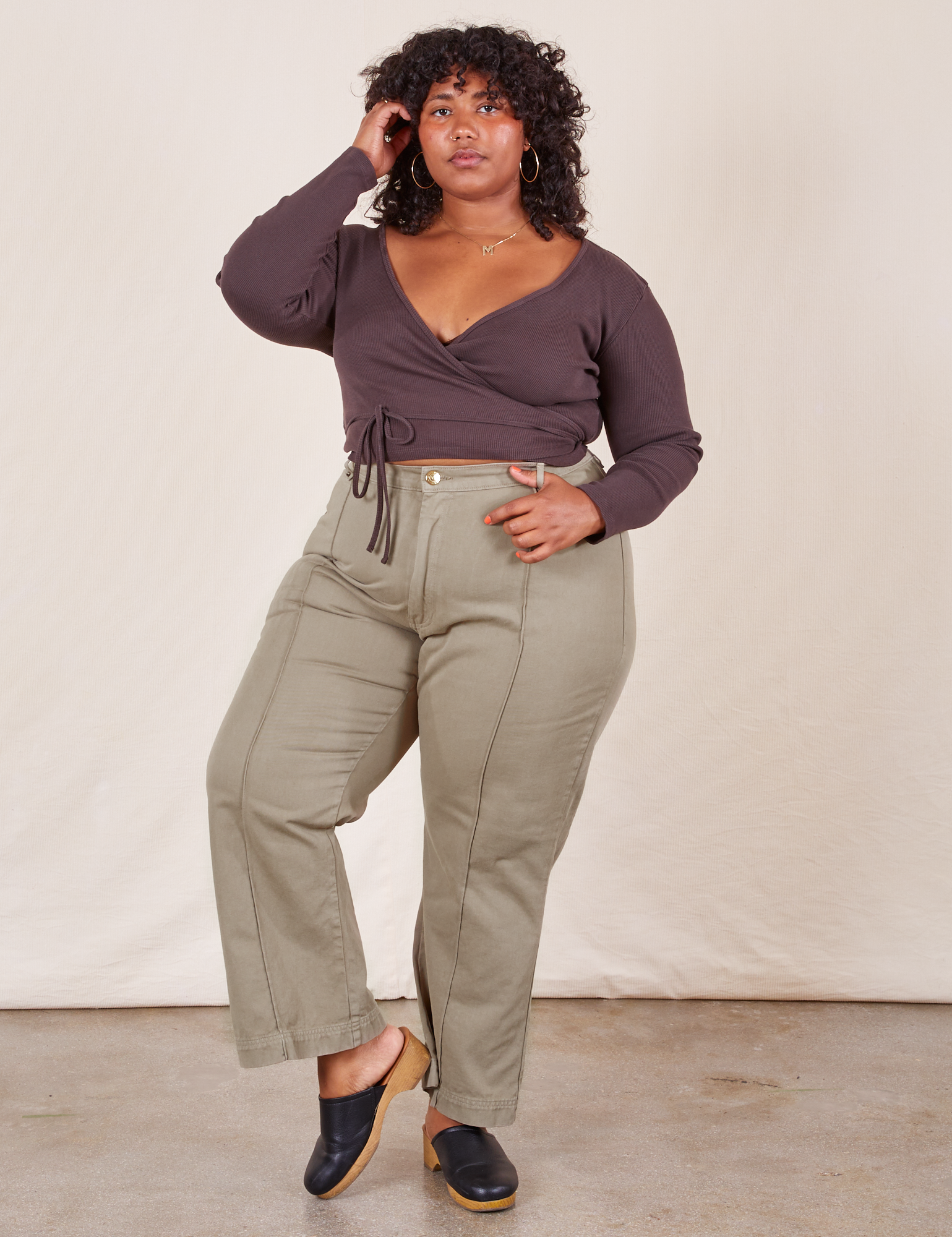 Morgan is 5&#39;5&quot; and wearing 1XL Western Pants in Khaki Grey paired with espresso brown Wrap Top