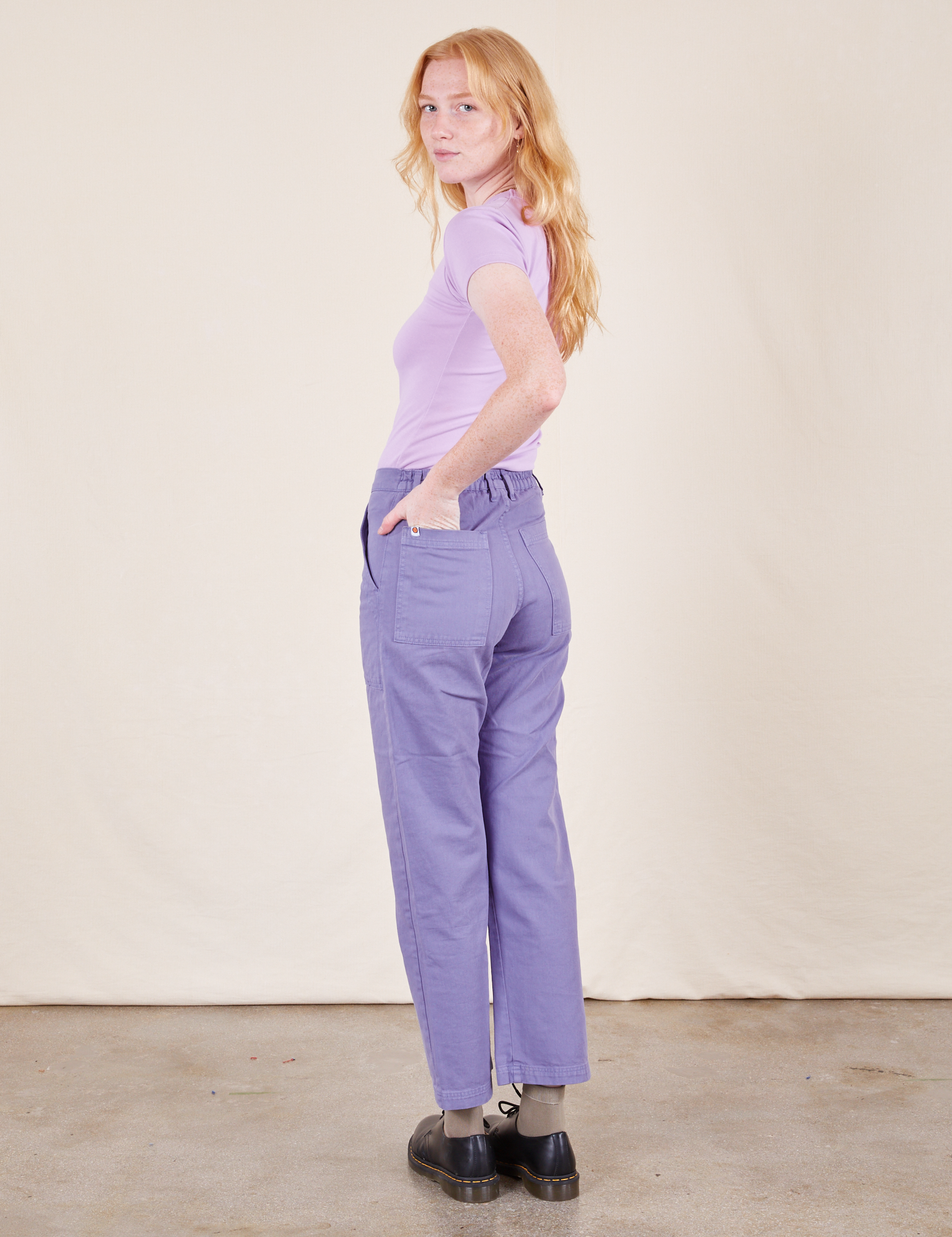 Back view of Work Pants in Faded Grape on Margaret