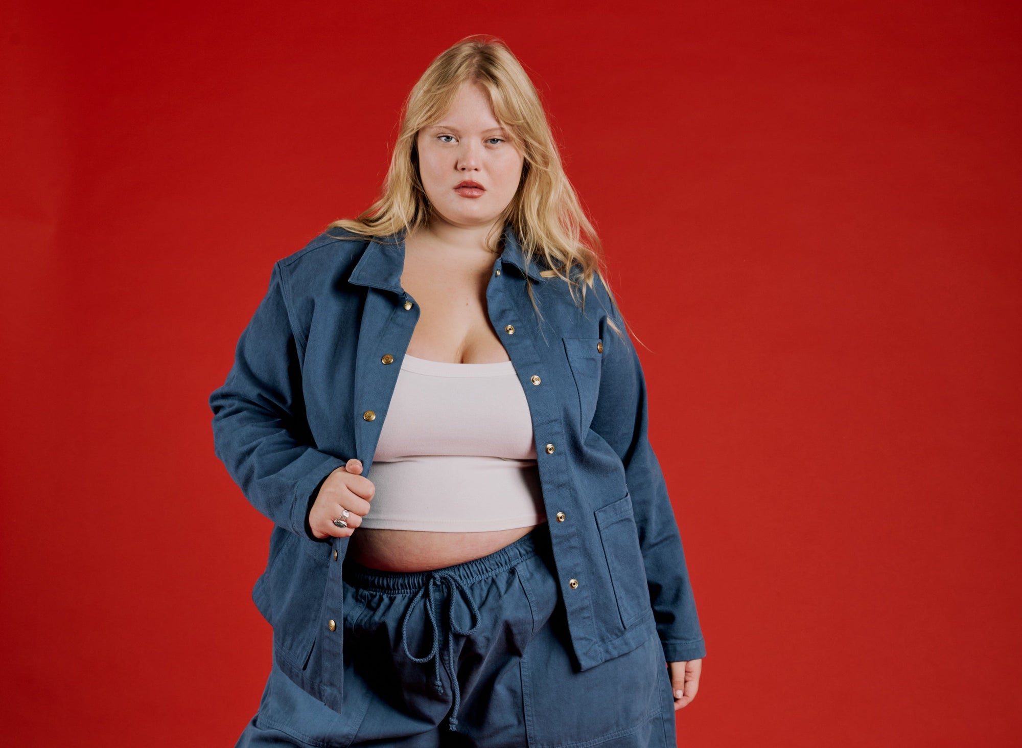 Juliet is wearing Work Jacket in French Blue and Drop Pocket Cargo Pants in French Blue