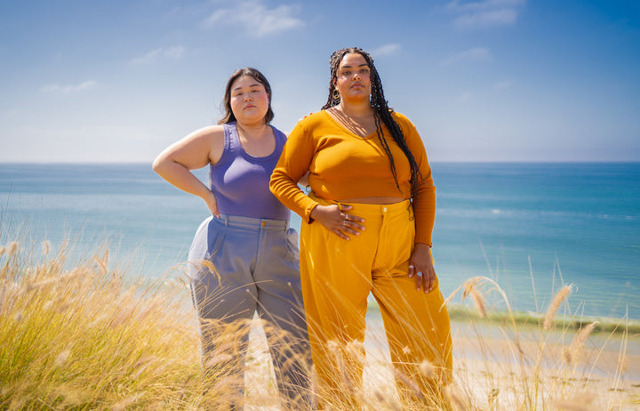Ashley and Alicia are wearing Organic Trousers in Periwinkle and Spicy Mustard
