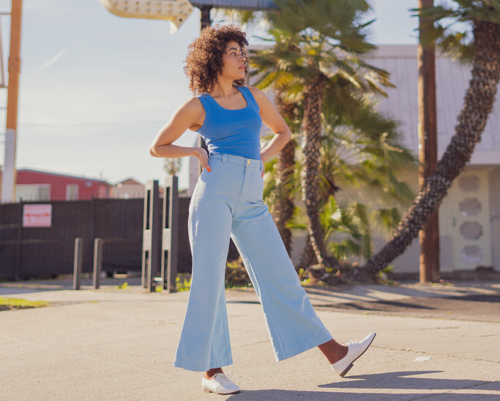 Shelby wearing Bell Bottoms in Baby Blue and Tank Top in Greek Blue