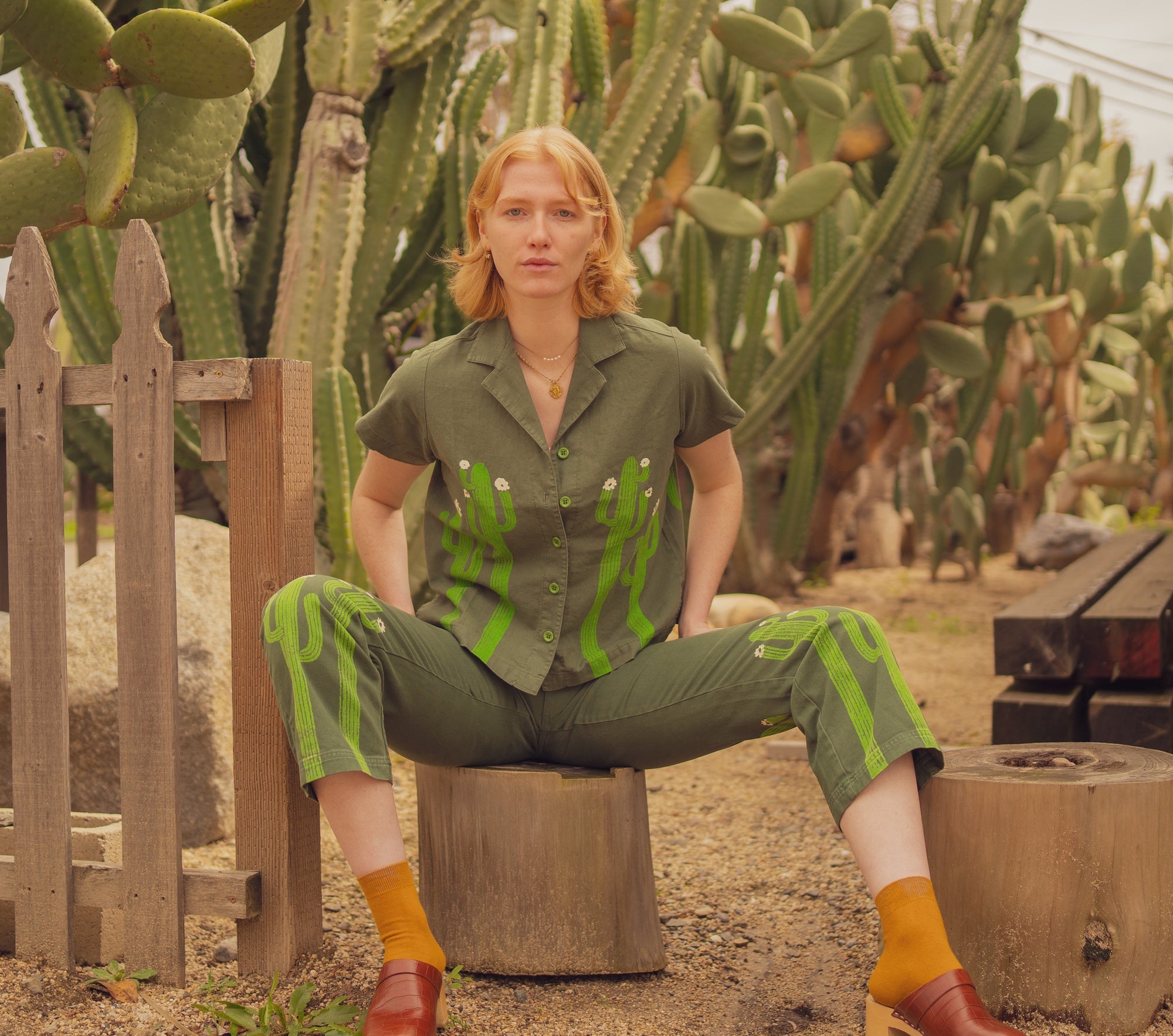 Margaret wearing Cactus Paintstamp Button Up & matching Work Pants