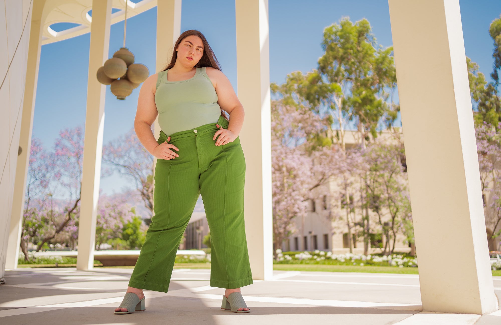 Marielena is wearing Heritage Westerns in Lawn Green and Tank Top in Sage Green