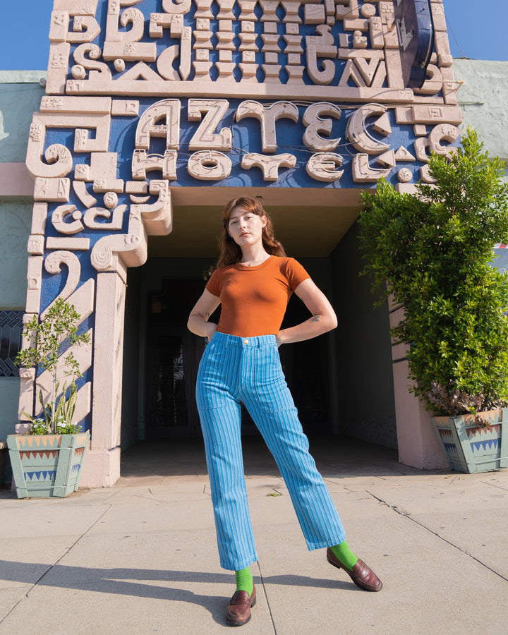 Alexandra Skye wearing Baby Tee in Burnt Terracotta and Baby Blue Overdyed Stripe Work Pants