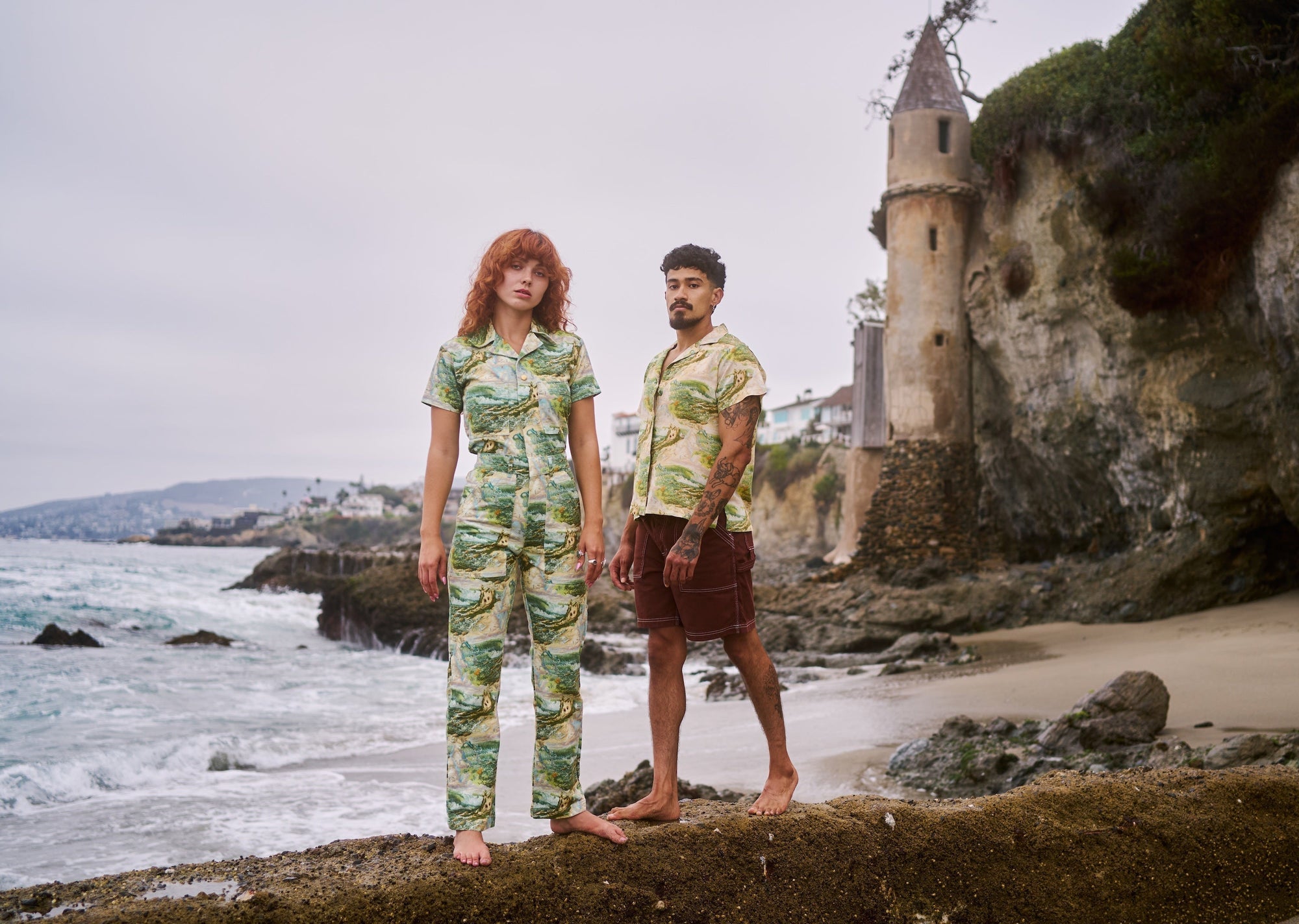 Ocean and Sky Jumpsuit on Sadie. Pantry Button-Up in Ocean and Sky and 10oz Carpenter Shorts in Fudgesicle Brown on Jesse.&nbsp;