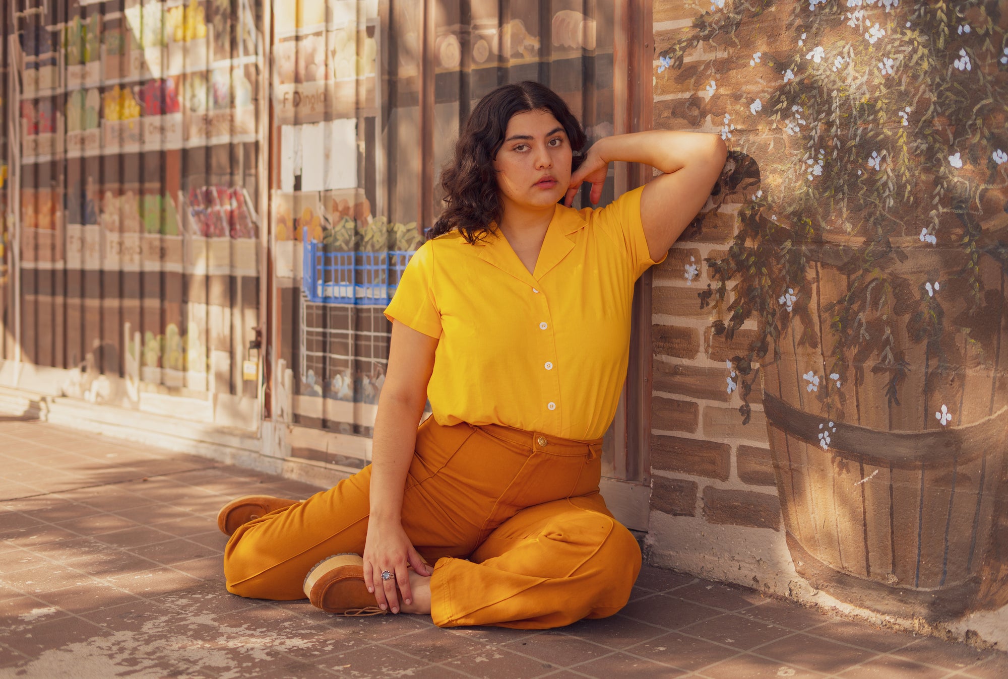 Melanie wearing Western Pants in Spicy Mustard and Pantry Button-Up